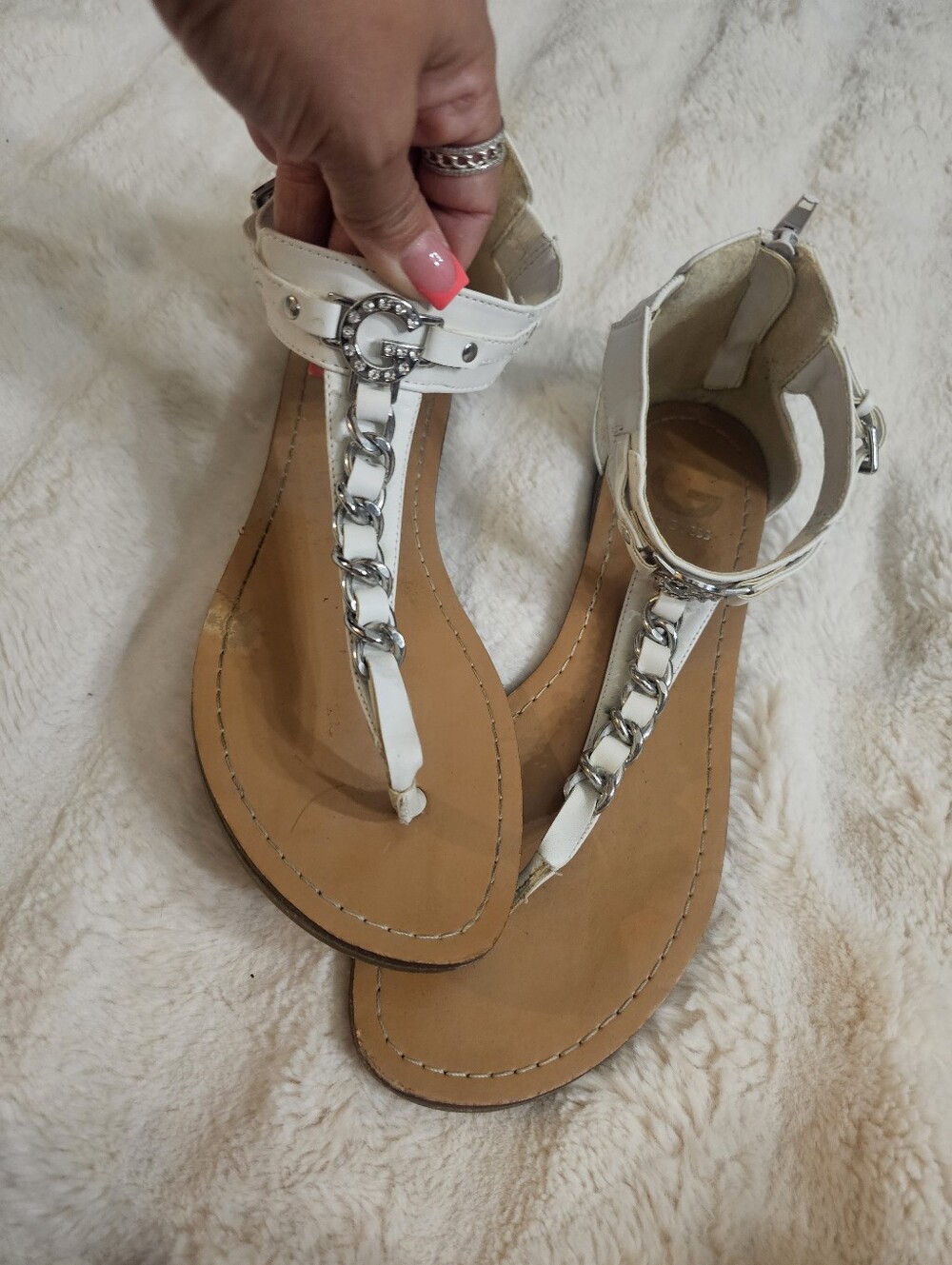 Guess White T-Strap Chain Accent Sandals - Women